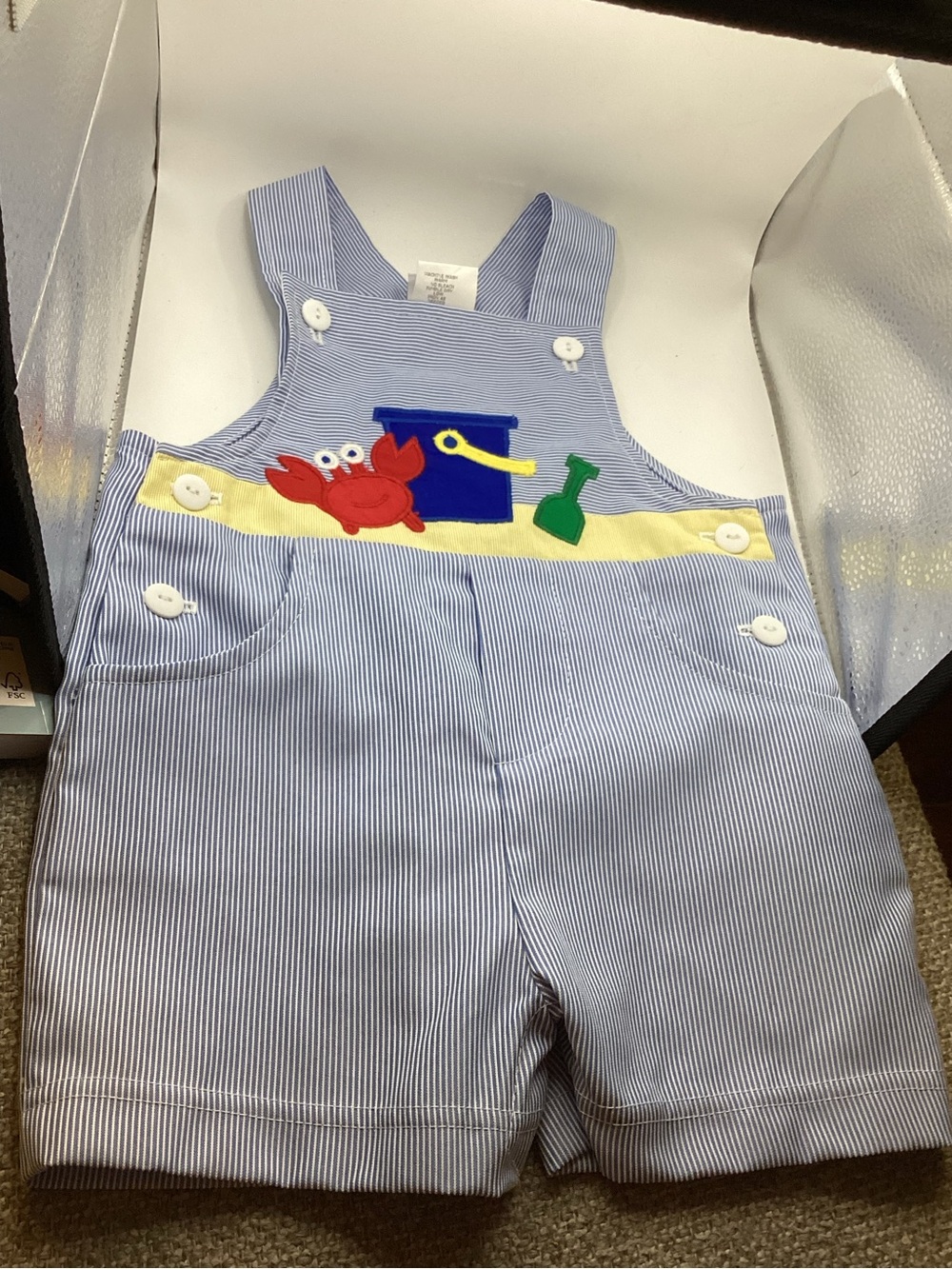 Florence Eiseman Blue Pinstripe Shortalls with Crab Appliqué 12 months